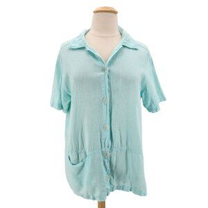 Vintage Fresh Produce Linen Light Blue Short Sleeve Button Shirt Adult XL